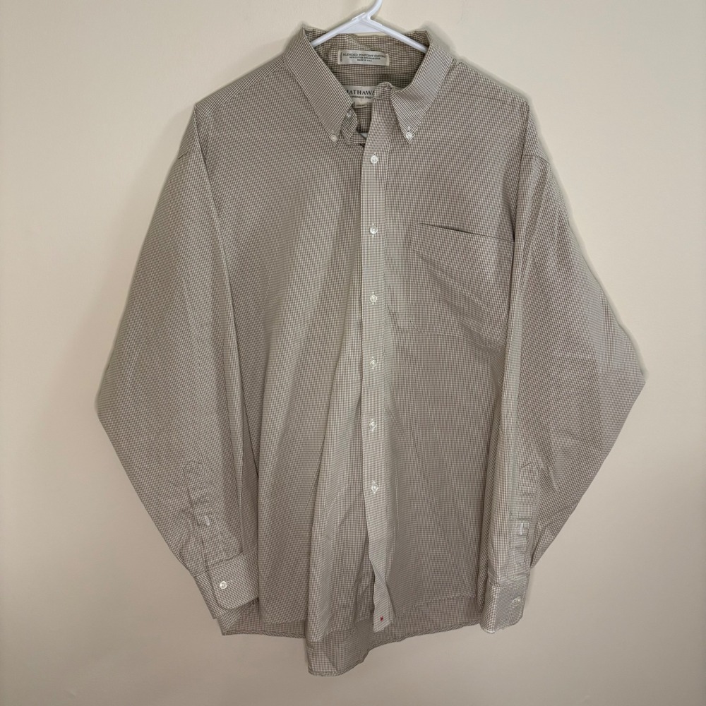 Vintage Hathaway Shirt Mens 17.5-35 Tan Micro Check Oxford Button Down USA 90s